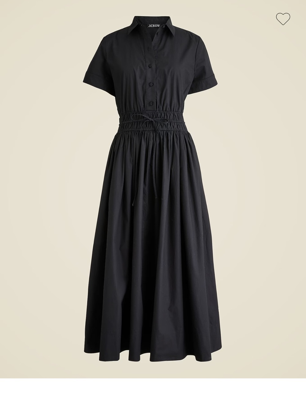 J. Crew Black Cotton Short-Sleeve Midi Elena Shirtdress with Smocked Waist